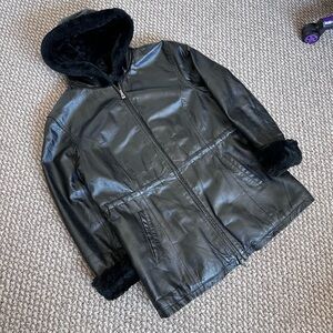 Wilsons Leather Hooded Jacket Black Faux Fur Lined Women’s L